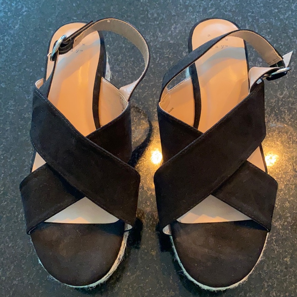 Black slide on Wedge Shoe with ankle strap 9.5